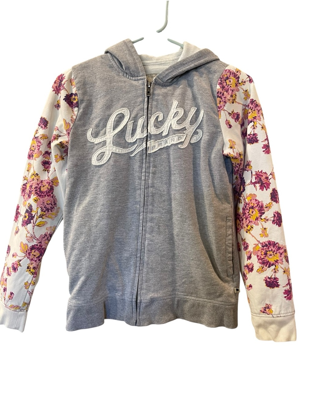 Lucky Brand Girls' Sweatshirt Jacket Hoodie Gray Zipper Floral Beige Sz: L 14/26